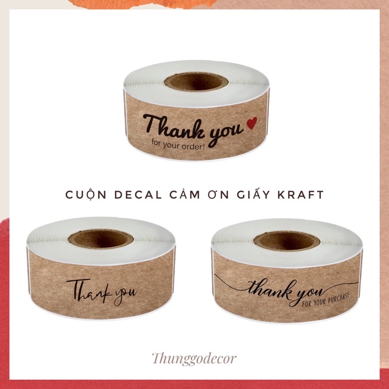 Cuộn 120 decal/sticker/giấy dán chữ THANK YOU giấy kraft gói hàng, trang trí thiệp