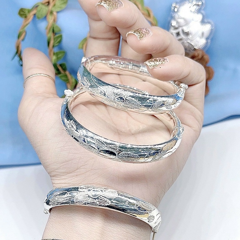 Vòng tay bạc khắc hoa văn ánh kim sang trọng_ bạc chuẩn