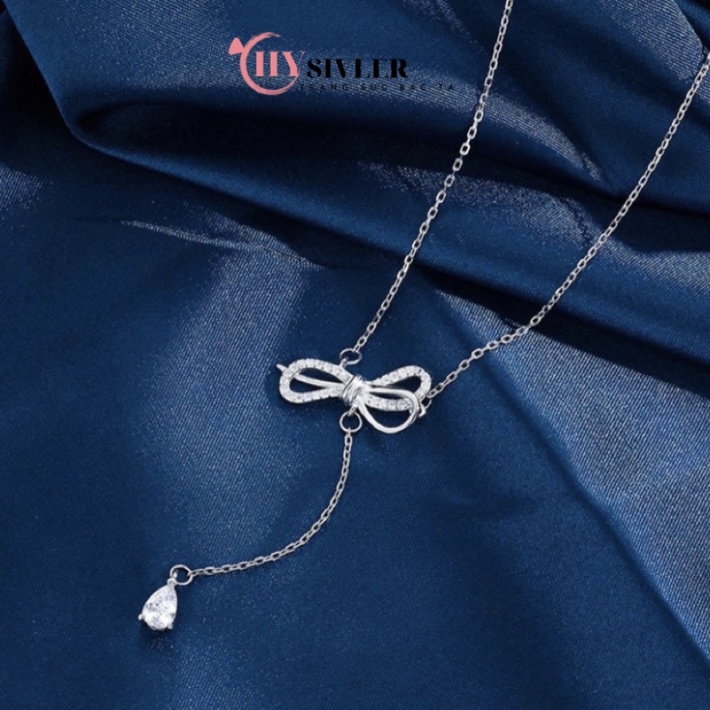 Dây chuyền bạc ta nơ kép nạm đá đá rơi giọt nước xinh xắn phong cách dây chuyền nữ bạc thật