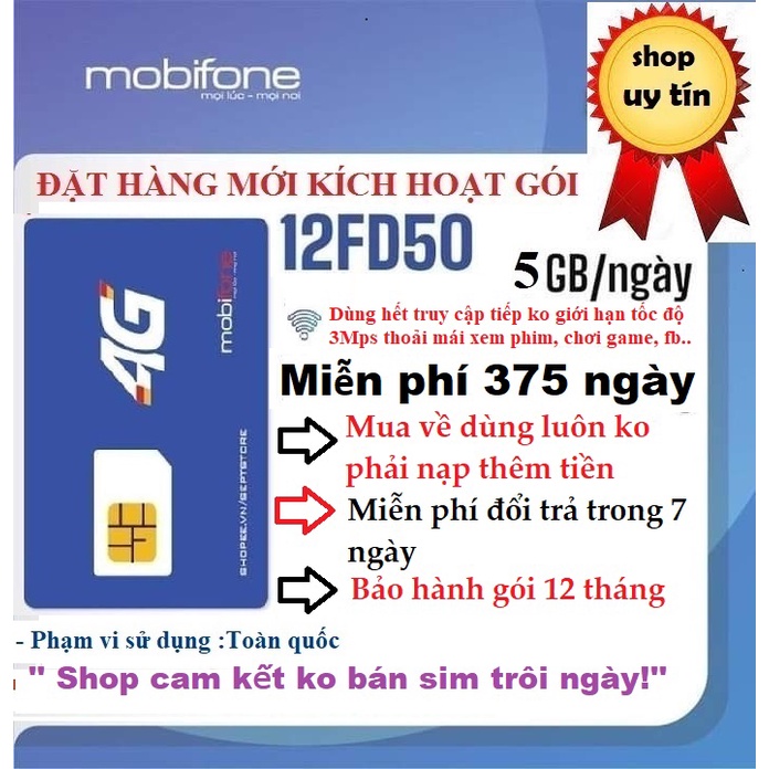 Sim 4G Mobifone 12FD50, 5Gb/ngày,, đặt hàng mới kích hoạt gói ,miễn phí 12 tháng, cam kết đủ 1 năm