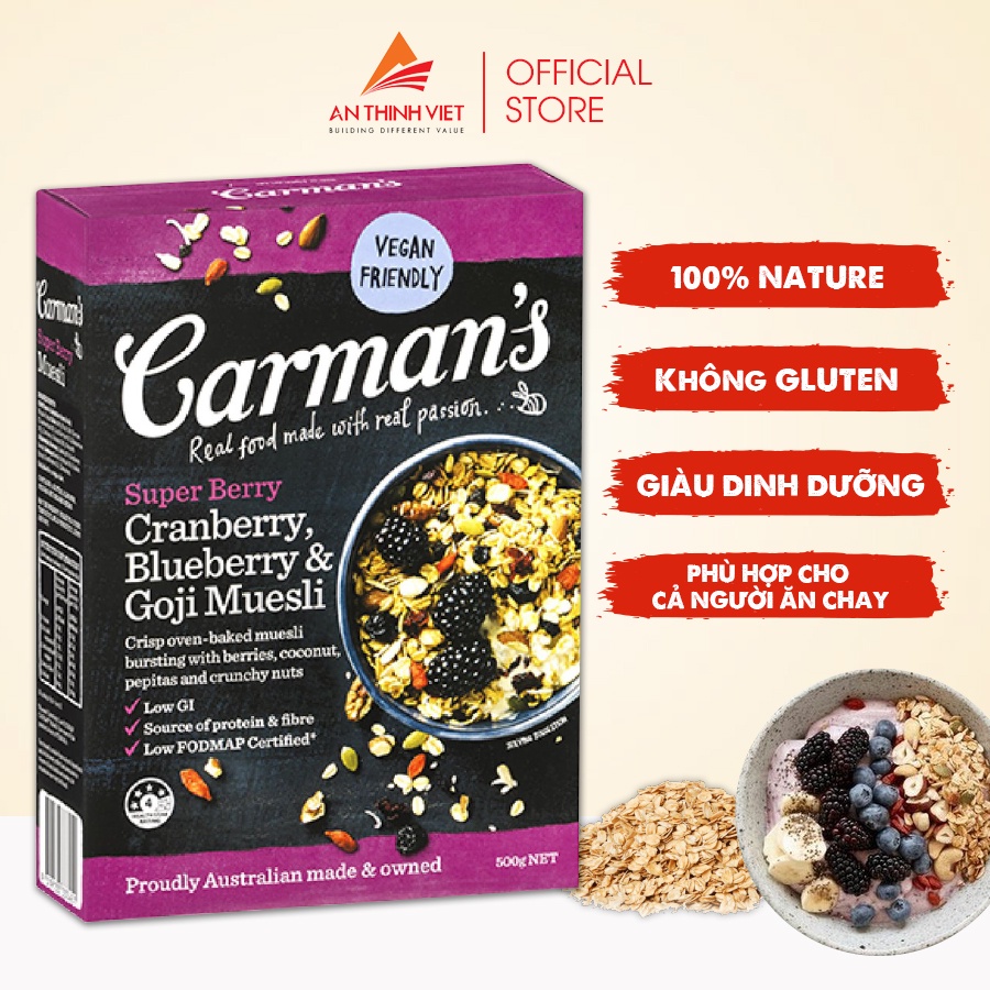 Ngũ Cốc Carman's Nguyên Hạt Ăn Kiêng Quả Dâu Mọng Và Hạt Khô Tự Nhiên - Super Berry Muesli - Hộp 500g