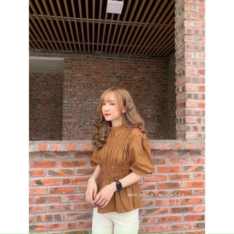 Áo voan tay bồng may nhún cổ cao thu đông