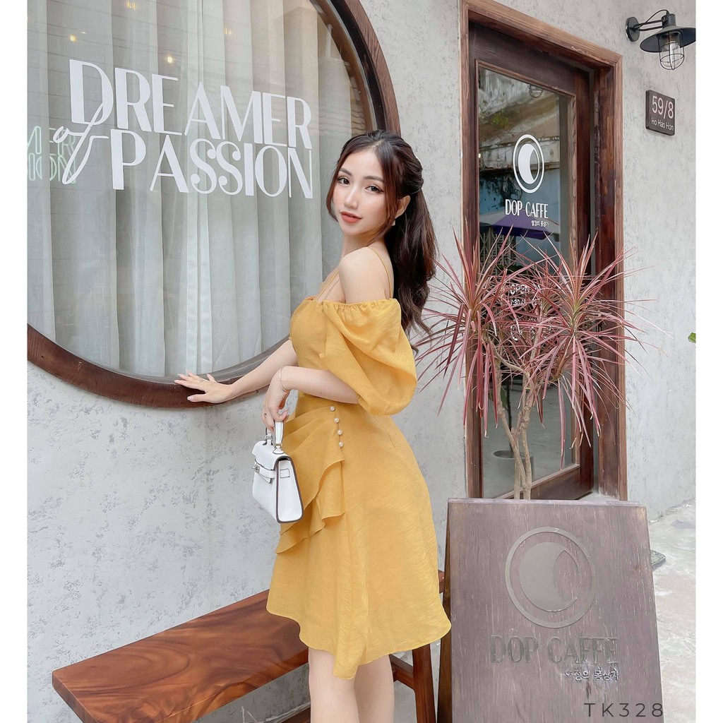 Đầm Nữ TK328 Dáng Xòe Trể Vai Đính Hạt Cườm Sườn Màu Vàng Size S M L Dùng Dự Tiệc Đi Dạo Đi Biển