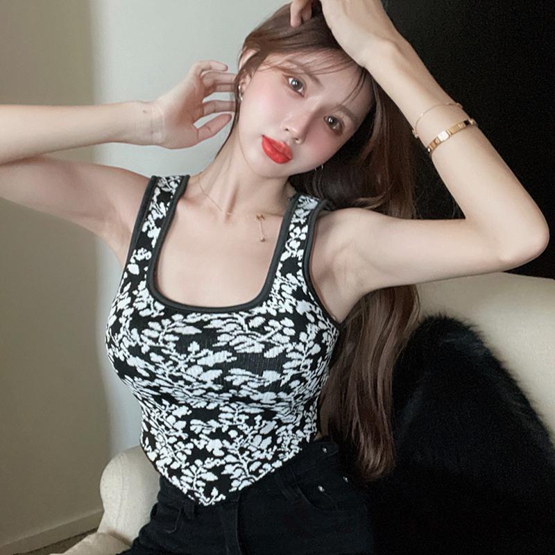 DRE-Women Slim-fit Knit Tank Tops, Sleeveless Contrast Color Floral Print U-shaped Neck Tank Tops