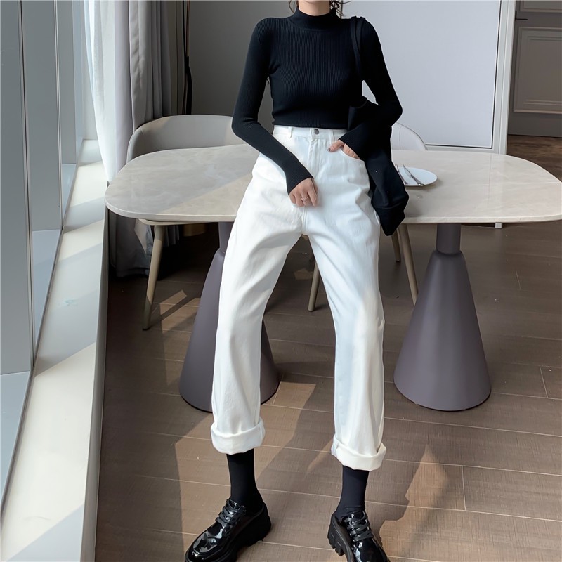 LEEVA - Jeans trắng suông form rộng cá tính Q016