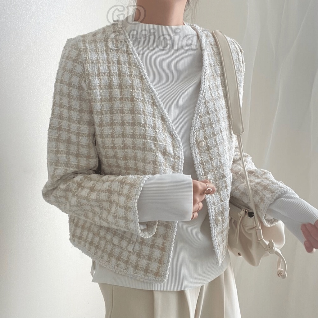 K98|Áo khoác dạ tweed mỏng nhẹ nhàng sang trọng cho nữ dáng ngắn màu be, đen GD Official