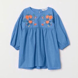 ĐẦM TAY PHỒNG DENIM THÊU HOA NGỰC