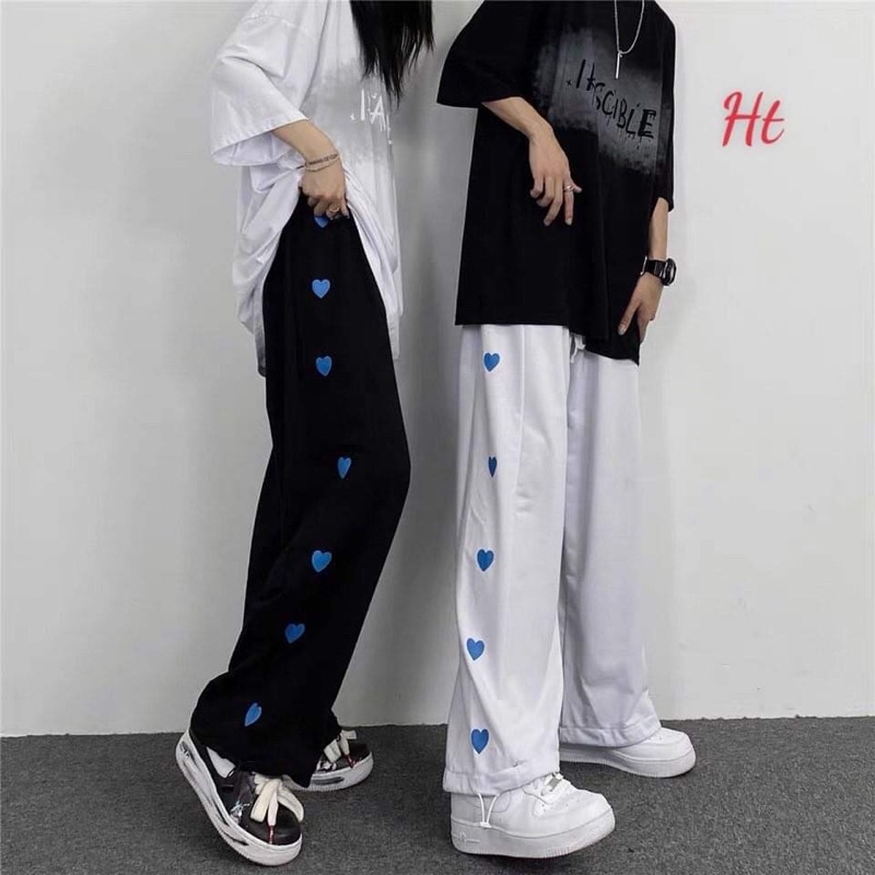 quần dài ống rộng có dây rút gấu in tim xanh Ht