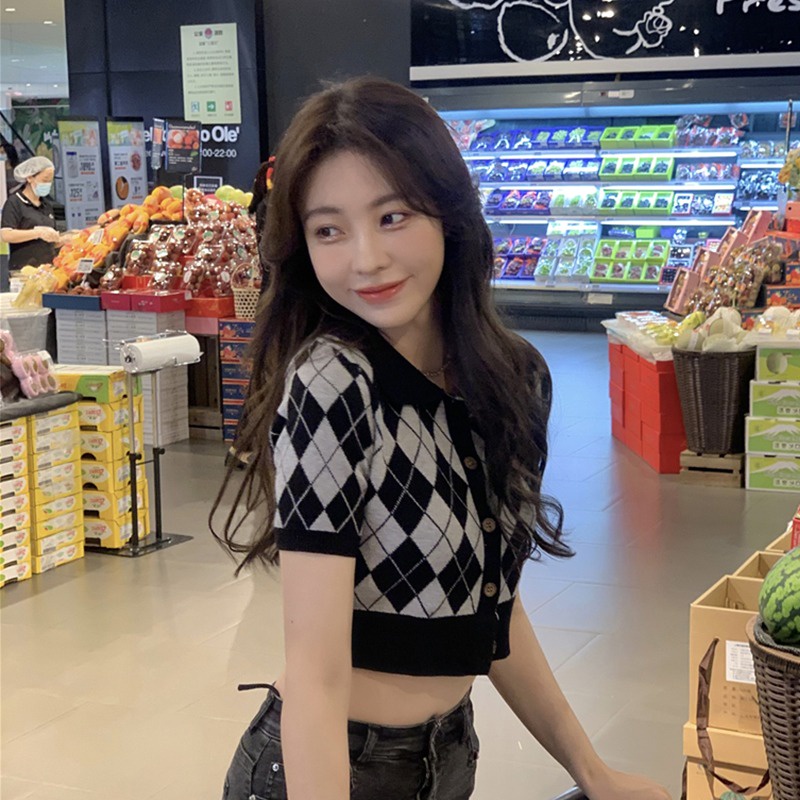 ZHELIHANGFEI Áo khoác Cardigan kẻ sọc caro phong cách Hàn Quốc thời trang cho nữ