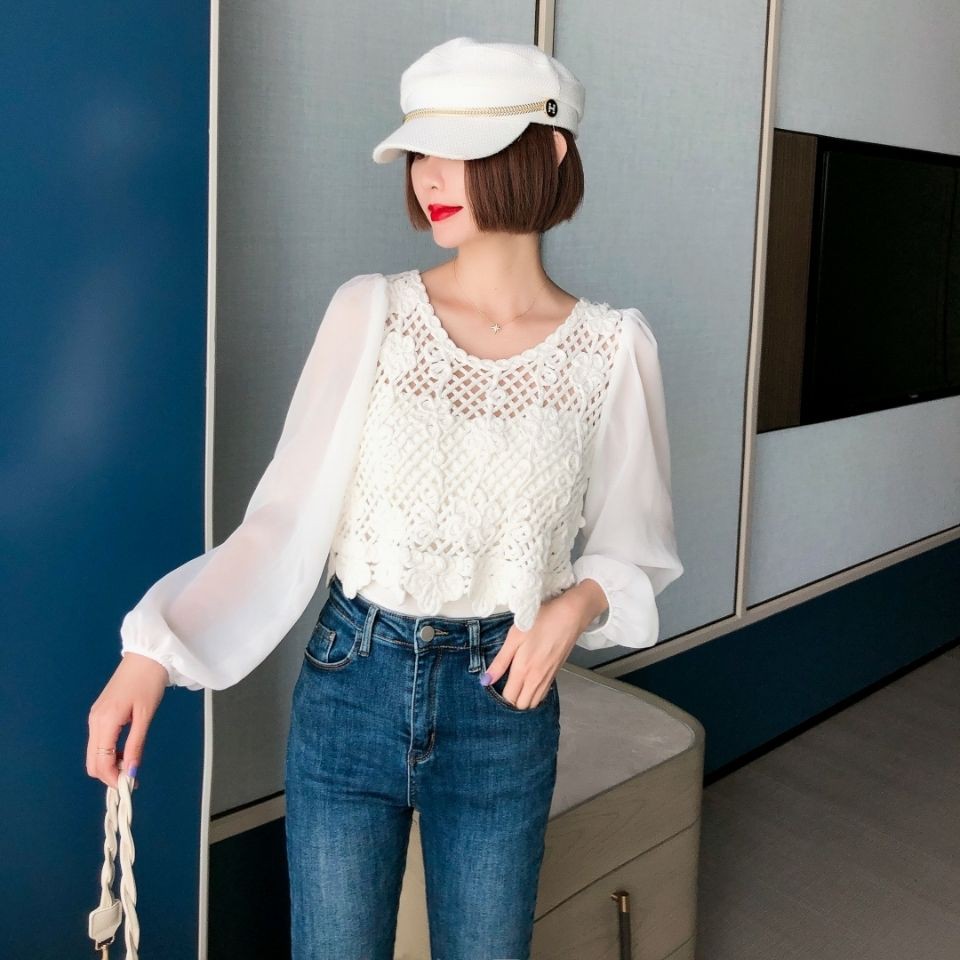 Spot sale2021 autumn white shirt female design sense niche new French style hollow stitching short long-sleeved top