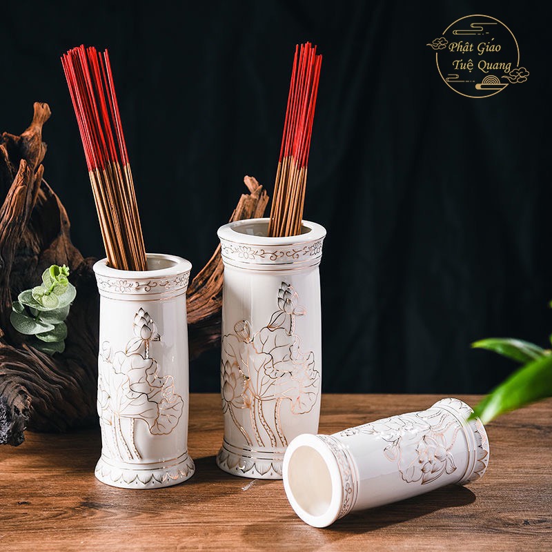 Bộ Thờ Cúng Bình , Lư , Dĩa, Chun , Án Bạch Ngọc Sen Trắng Bằng Sứ Cao Cấp - Phật Giáo  Tuệ quang