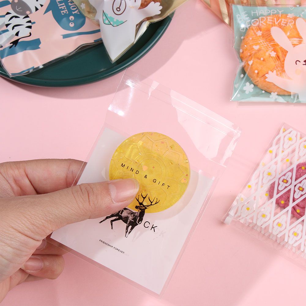 Set 100 túi đựng bánh kẹo 7*7+3cm tự dính họa tiết hoạt hình dễ thương