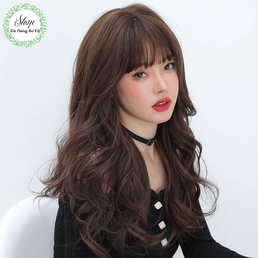 Tóc giả nữ xoăn sóng nước– tóc giả nguyên đầu dài mái thưa Hàn Quốc mềm mỏng nữ tính (tặng lưới tóc)