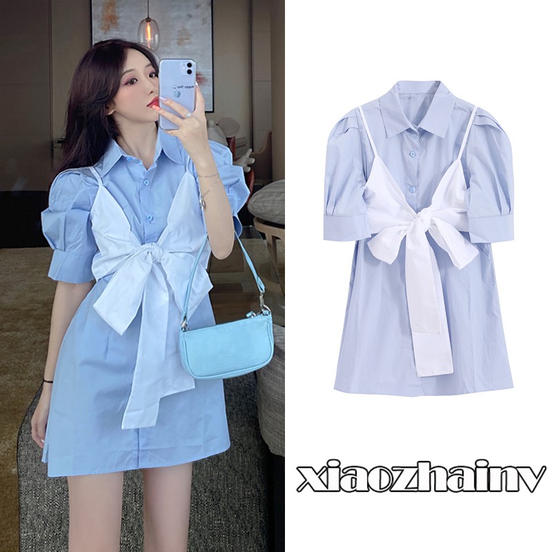 [ Mã 11FASHIONSALE1 giảm 10K đơn 50K ] Xiaozhainv Đầm ngắn tay dáng rộng phối nơ sành điệu dành cho nữ