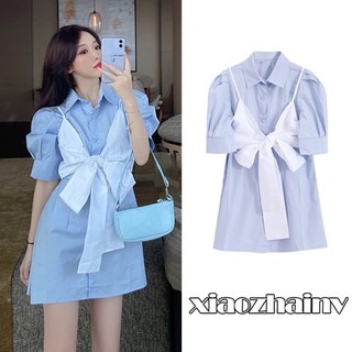 Xiaozhainv Đầm ngắn tay dáng rộng phối nơ sành điệu dành cho nữ