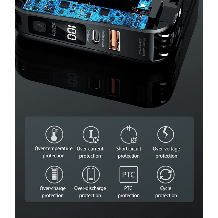 Sạc dự phòng DELABO 15000mAh 18W PD3.0 QC3.0 có dây cáp sạc nhanh đa năng tiện lợi