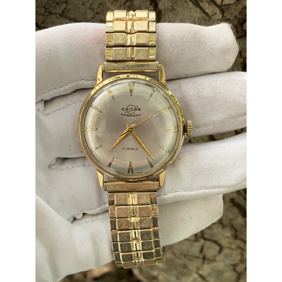 Đồng hồ nam ENICAR cơ lên cót 17 jewles, lắc kê vàng, dây chun tay của Thụy