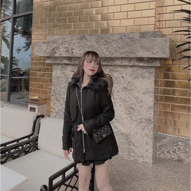 ANU49 - ÁO KHOÁC NỮ DẠ ĐEN KHOÁ CỔ LÔNG | BigBuy360 - bigbuy360.vn