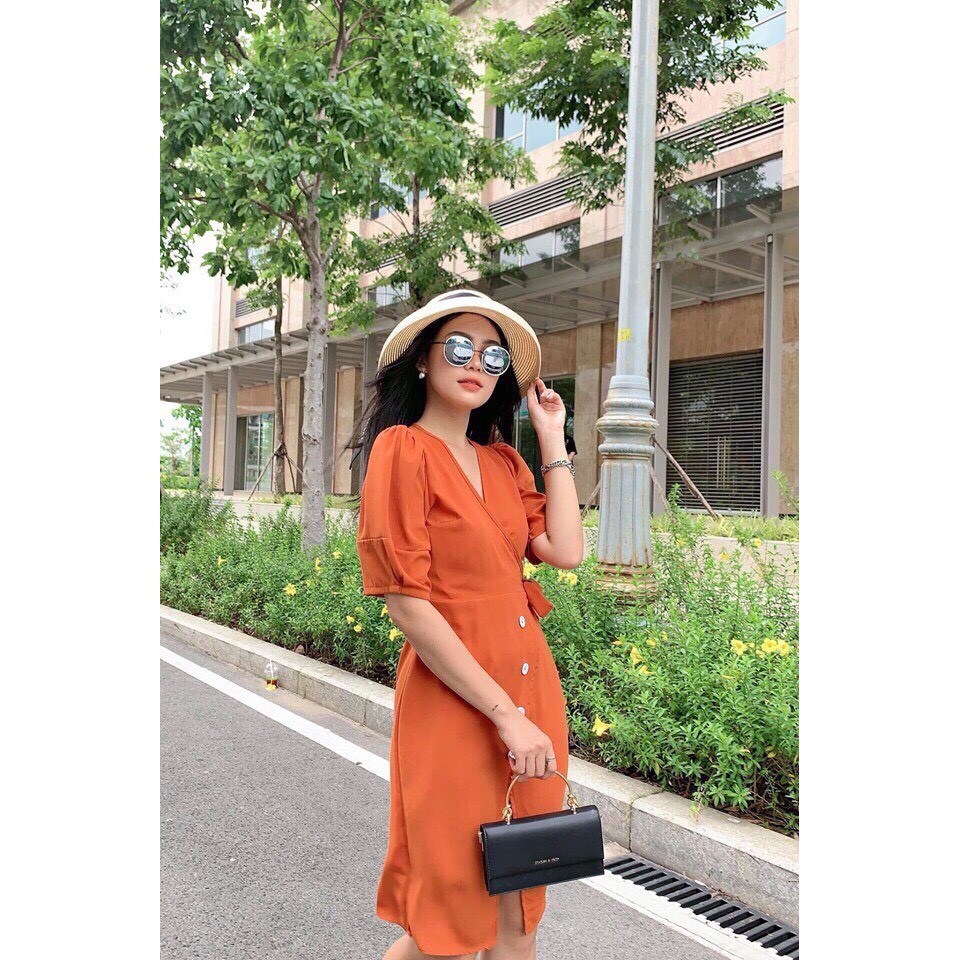 Đầm Voan Dáng Xuông Kiểu Cổ V Đắp Chéo Phối Thắc Nơ Một Bên Nữ Tính TTS0724