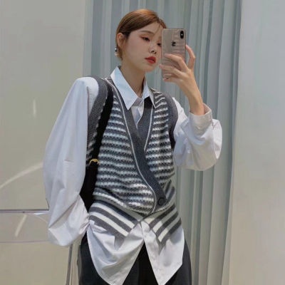 Áo Dệt Kim Sát Nách Cổ Chữ V Kẻ Sọc Ghép Màu Thời Trang Mùa Thu Cho Bạn Nữ | BigBuy360 - bigbuy360.vn