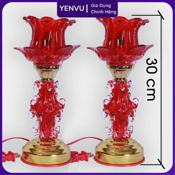 Đèn thờ 2 cầu thủy tinh 30cm, Sử dụng điện , Hình dáng hoa tulip , Thân có led .