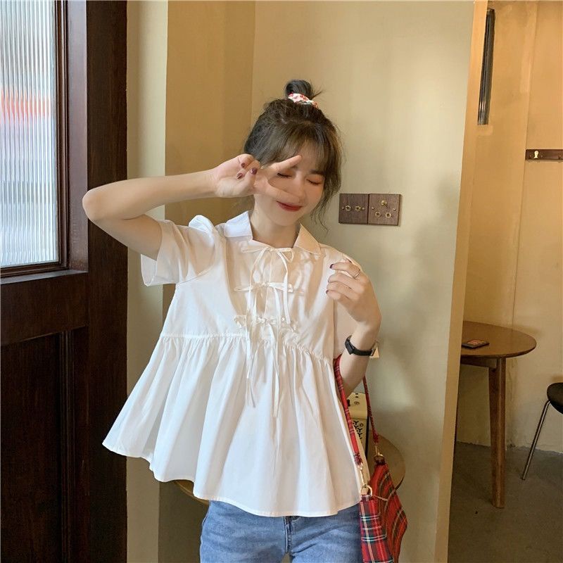 Áo Sơ Mi Tay Ngắn Dáng Rộng Màu Trơn Cột Nơ Dễ Thương Thời Trang Mùa Hè Cho Bạn Gái
