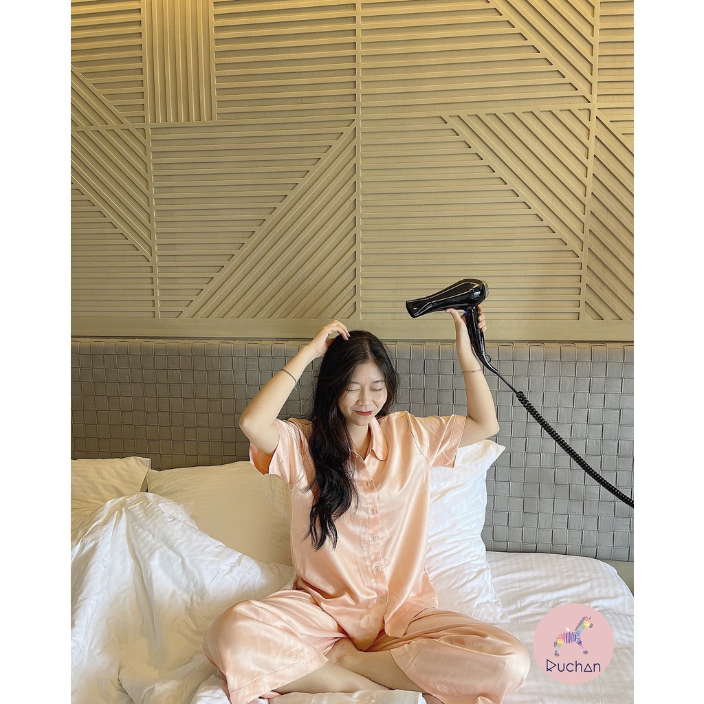 Bộ đồ ngủ nữ pyjama lụa sang chảnh RUCHAN kiểu set áo tay ngắn quần ngắn dễ thương nhiều màu