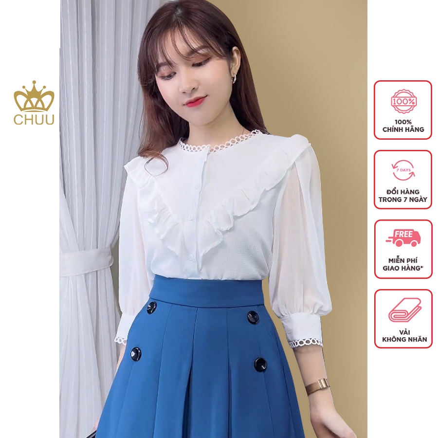 Áo sơ mi trắng ngực bèo V cổ viền tròn CHUU A5450