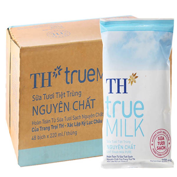 Thùng 48 Bịch Sữa tươi tiệt trùng TH true MILK Có Đường / Ít Đường / Nguyên Chất (220ml) Dễ Uống