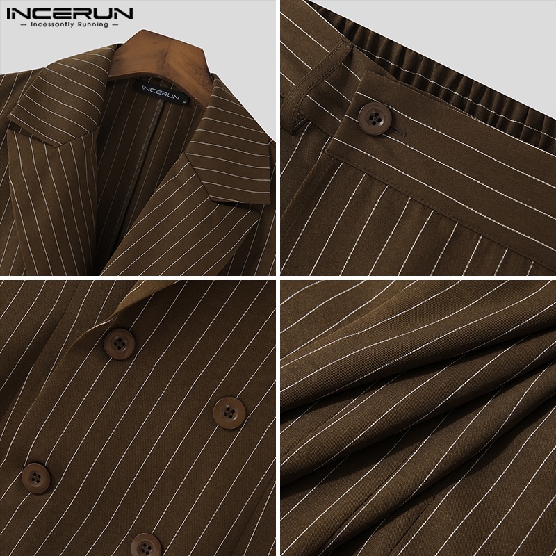 INCERUN Áo Ghi Lê Không Tay Kẻ Sọc + Quần Short Giả Váy Phong Cách Retro Cho Nam