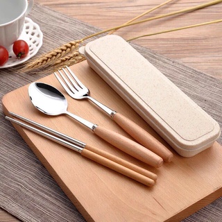 Bộ Đũa Nuỗng Nĩa Inox Cán Gỗ Kèm Hộp Đựng Lúa Mạch