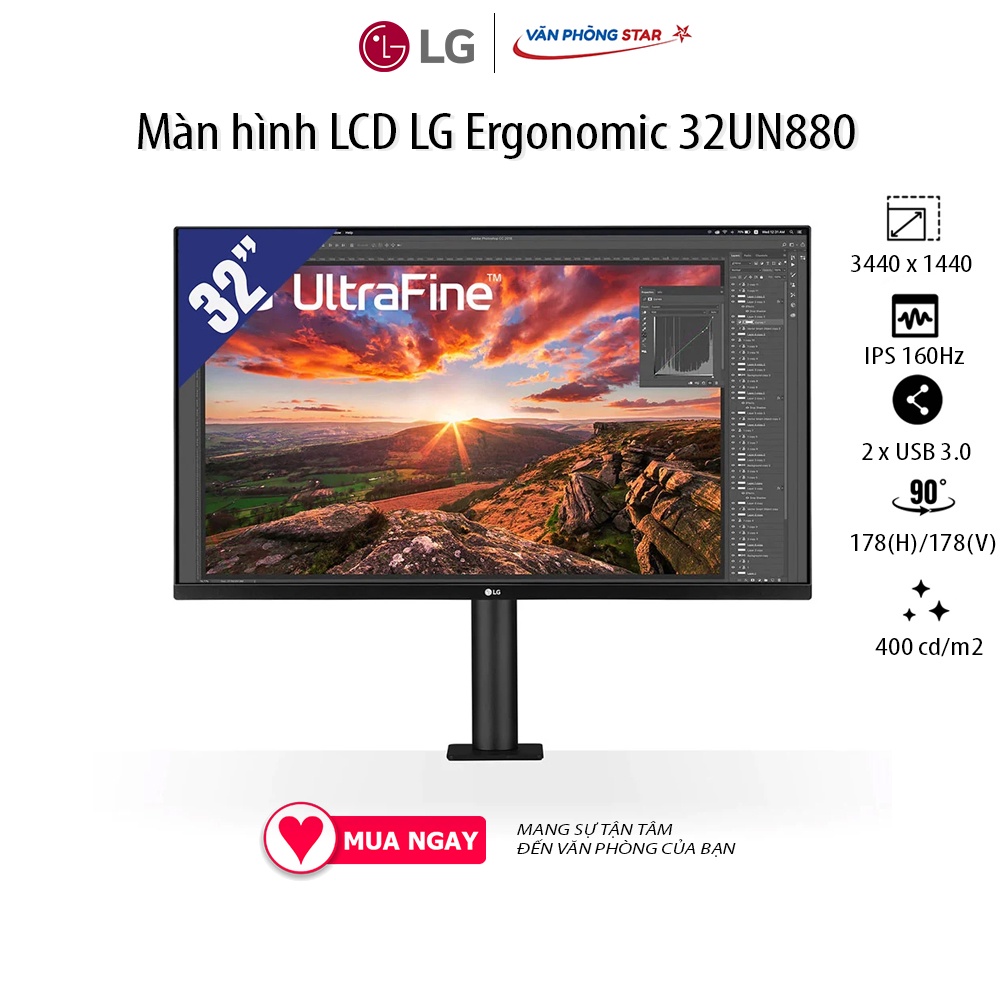 Màn hình LCD LG Ergonomic 32UN880 (3840 x 2160/IPS/60Hz/5 ms/FreeSync) Tỷ lệ 16:9 1 x DisplayPort 1.4, 2 x HDMI, 1 x USB