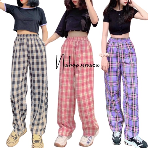 Quần caro ống rộng unisex 16 màu lưng thun