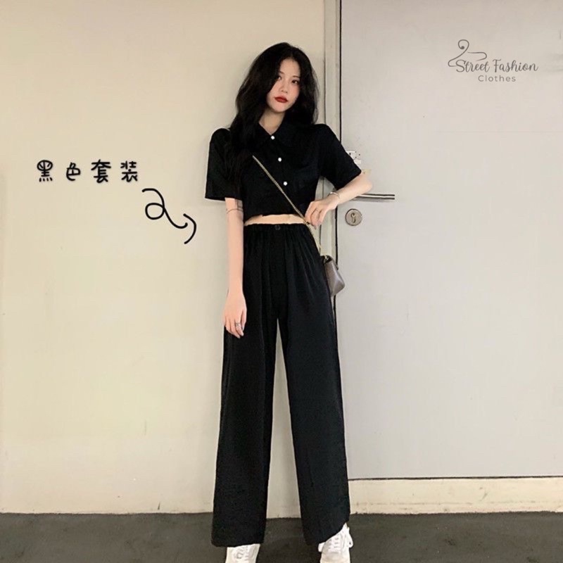 Set áo polo croptop mix quần suông ống rộng phong cách ulzzang