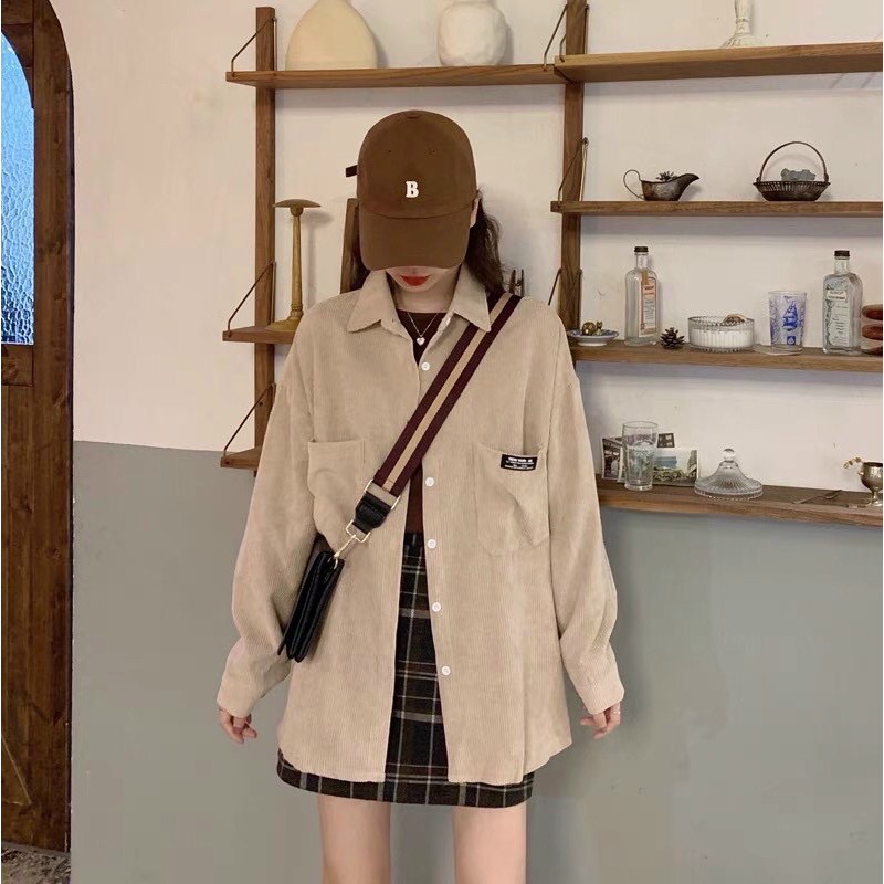 Áo Sơmi Nhung Gân phối 2 túi logo chất đẹp unisex nam nữ form rộng dáng ulzzang