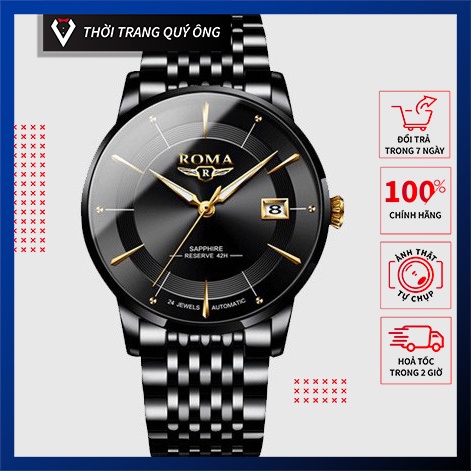 Đồng hồ nam ROMA kim cương đen sang trọng, máy Nhật dây thép siêu bền giá tốt [Ảnh Thật]