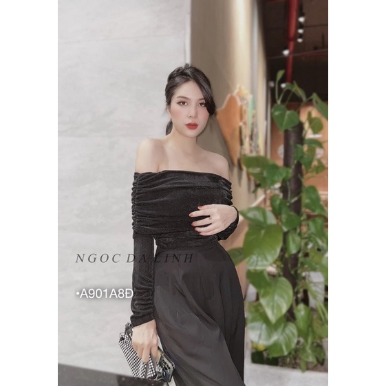 Áo thun bẹt trễ vai tay dài nhúng siêu sang chảnh minie