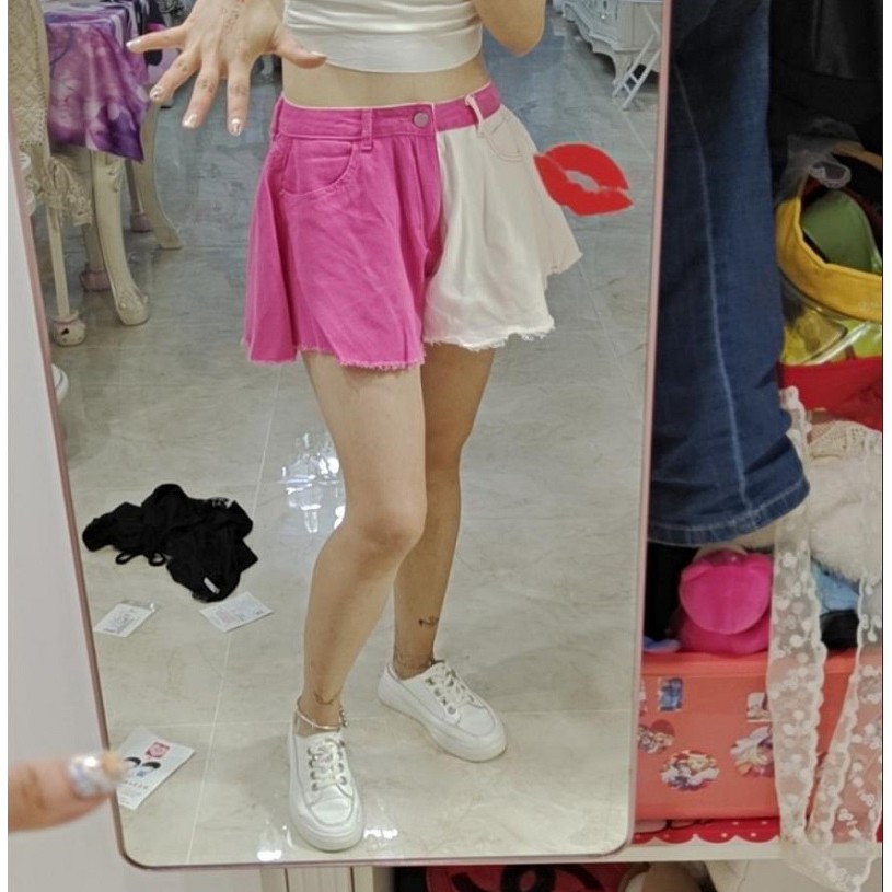 Quần Short Jean Lưng Cao Phối Màu Cá Tính Thời Trang Trẻ Trung