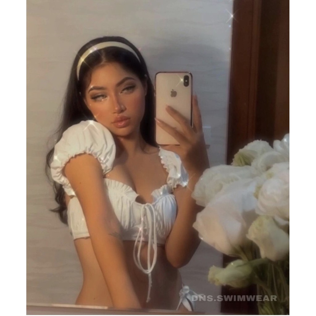 Bikini nữ 2 mảnh tay cộc trễ vai bèo quần tam giác và cạp cao R08