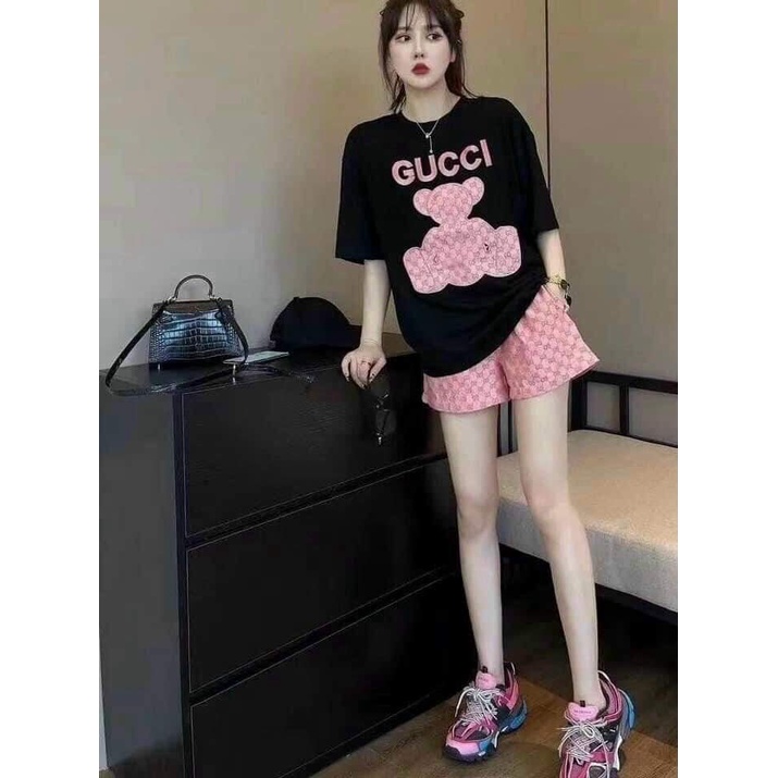 Bộ Đồ Thun NỮ In Hình Gấu Áo Tay Ngắn Cổ Tròn Quần Short