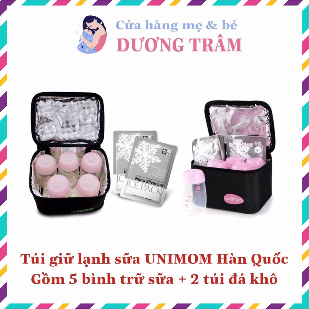 Túi giữ lạnh bảo quản sữa mẹ Unimom Hàn Quốc gồm 5 bình trữ sữa và 2 túi đá khô