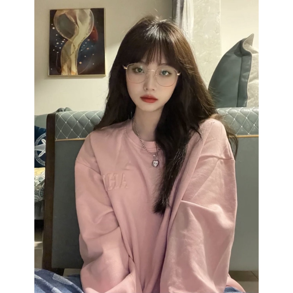 Phụ Nữ Nhỏ Nhắn [Chữ Lõm] Áo Sweater Cổ Tròn Nhỏ Màu Hồng Phong Cách Harajuku BF