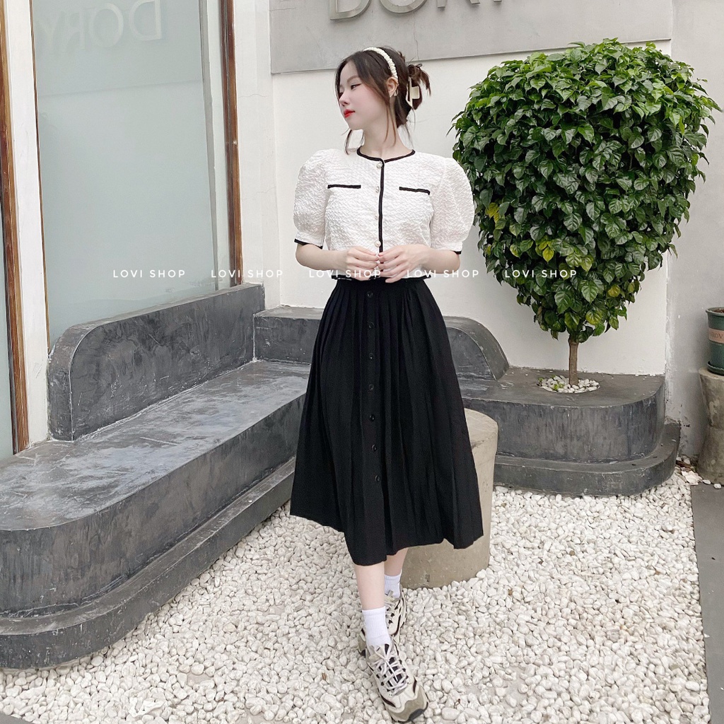 LOVI SHOP- Áo sơ mi croptop xốp tay phồng cúc ngọc viền đen trắng phong cách tiểu thư cực sang chảnh