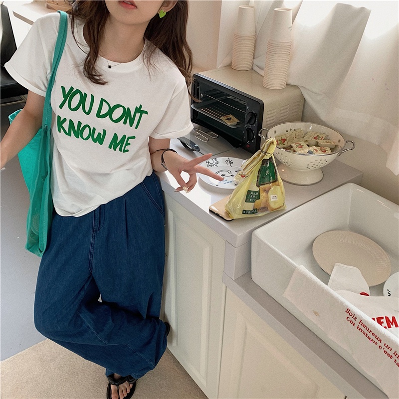 Áo Thun cotton Tay Ngắn Cổ Tròn In Chữ Phong Cách Hàn Quốc Thời Trang Cho Nữ