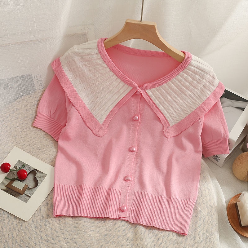 Áo Cardigan Dệt Kim Mỏng Tay Ngắn Cổ Búp Bê Màu Sắc Tương Phản Thời Trang Mùa Hè Cho Nữ