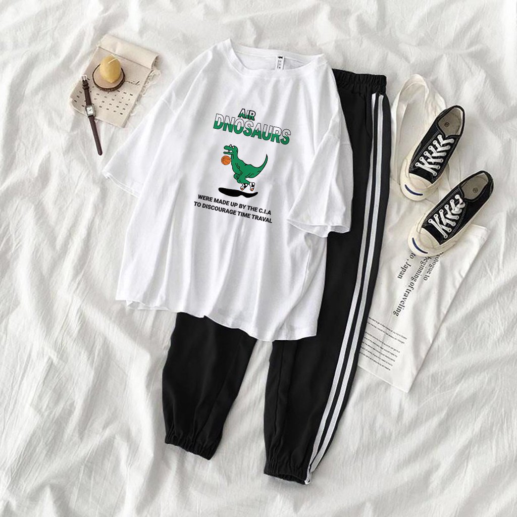 [FREESHIP-HÀNG LOẠI 1] Set Jogger Line Phối Thun Unisex Dnosaur -  Set quần thể thao sọc phối áo phông in hình dễ thương