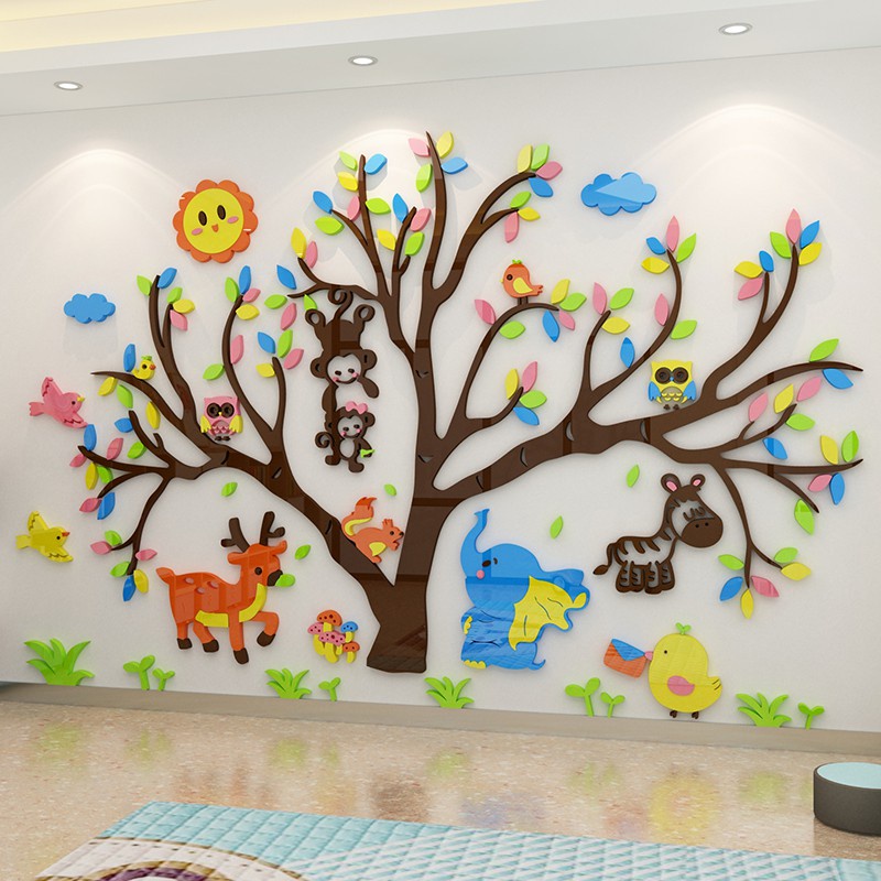 Tranh dán tường mica 3d decor khổ lớn các loài động vật trang trí mầm non, phòng cho bé Nhiều Size - EPeBen