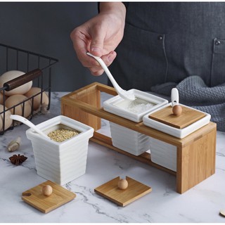 [Có sẵn] Set hũ gia vị khay gỗ phong cách Nhật
