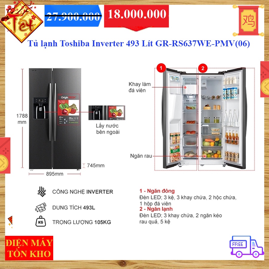 Tủ lạnh Toshiba Inverter 493 Lít GR-RS637WE-PMV