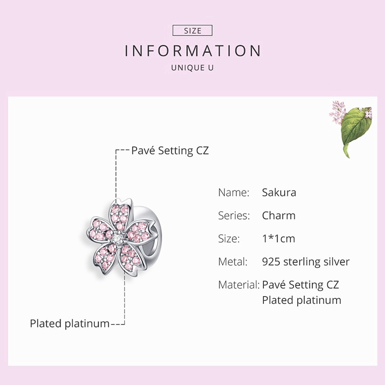 Hạt xỏ trang sức Bamoer hình hoa đào màu hồng bằng bạc 925 cao cấp dùng làm vòng tay